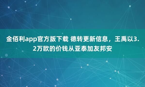 金佰利app官方版下载 德转更新信息，王禹以3.2万欧的价钱从亚泰加友邦安